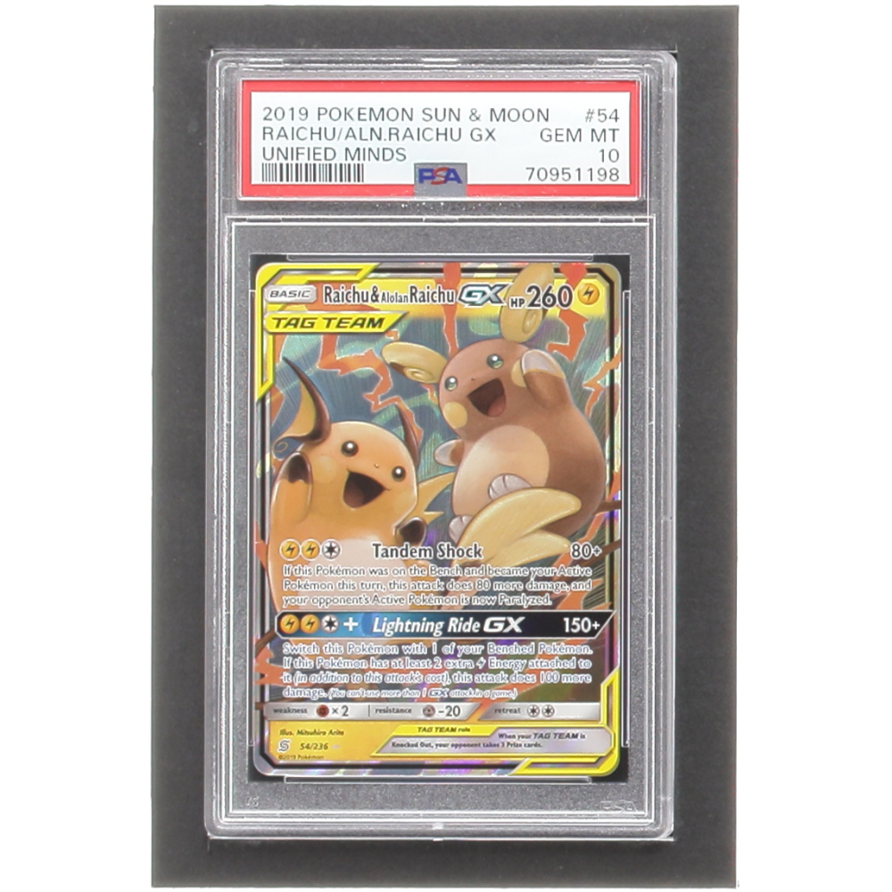 Aloha Ryeahchu Raichu & Alolan Raichu GX Pokemon 2019 Unified Minds #54 (PSA 10 ...