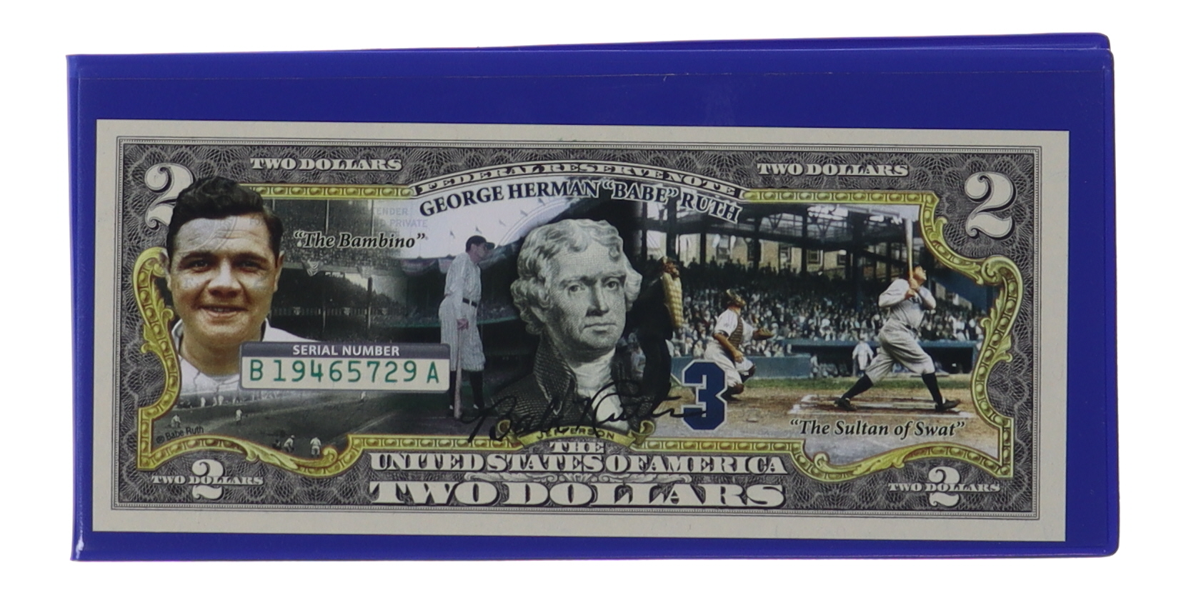 Babe Ruth Genuine Legal Tender Colorized U.S. $2.00 Two Dollar Bill Commemorative Edition Bank Note with Folder at PristineAuction.com Babe Ruth Genuine Legal Tender Colorized U.S. $2.00 Two Dollar Bill Commemorative Edition Bank Note with Folder at PristineAuction.com
