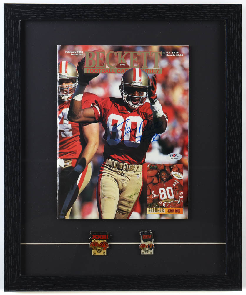 Jerry Rice Signed Custom Framed "Beckett Football Card Monthly" Magazine with (2) Super Bowl Pins (PSA) at PristineAuction.com Jerry Rice Signed Custom Framed "Beckett Football Card Monthly" Magazine with (2) Super Bowl Pins (PSA) at PristineAuction.com