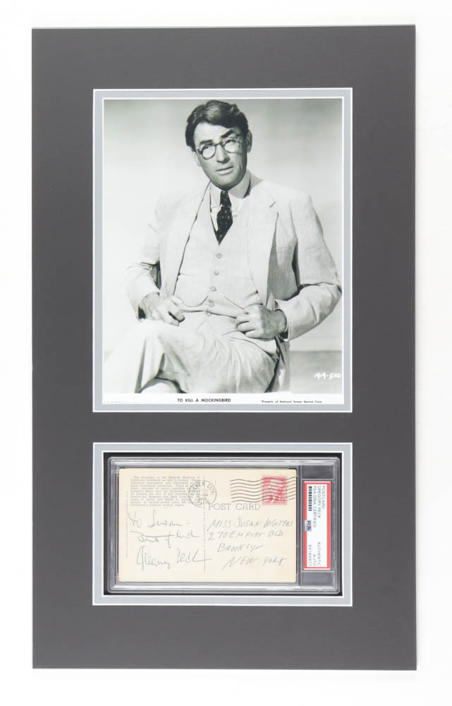 Gregory Peck Signed "To Kill a Mockingbird" 12x20 Custom Matted Cut Display Inscribed "Best of Luck" (PSA) at PristineAuction.com Gregory Peck Signed "To Kill a Mockingbird" 12x20 Custom Matted Cut Display Inscribed "Best of Luck" (PSA) at PristineAuction.com