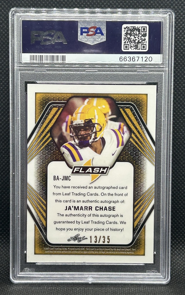 Ja'Marr Chase 2021 Leaf Flash Autographs Platinum Blue #BAJMC #13/35 (PSA 10) at PristineAuction.com Ja'Marr Chase 2021 Leaf Flash Autographs Platinum Blue #BAJMC #13/35 (PSA 10) at PristineAuction.com