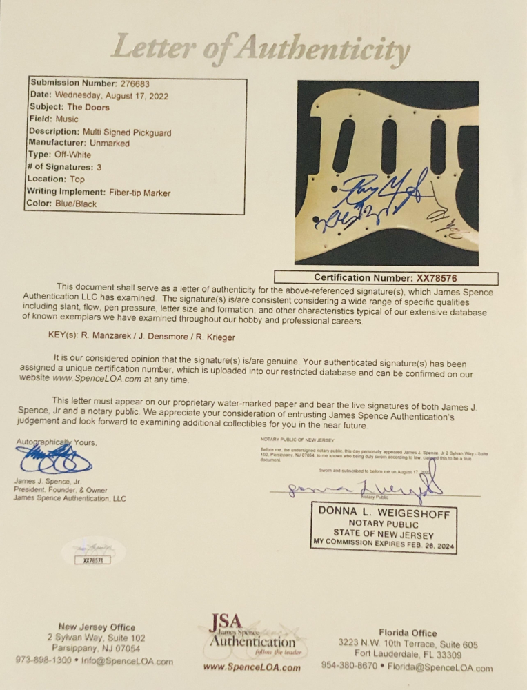 The Doors BandSigned Guitar with Ray Manzarek, John Densmore & Robby