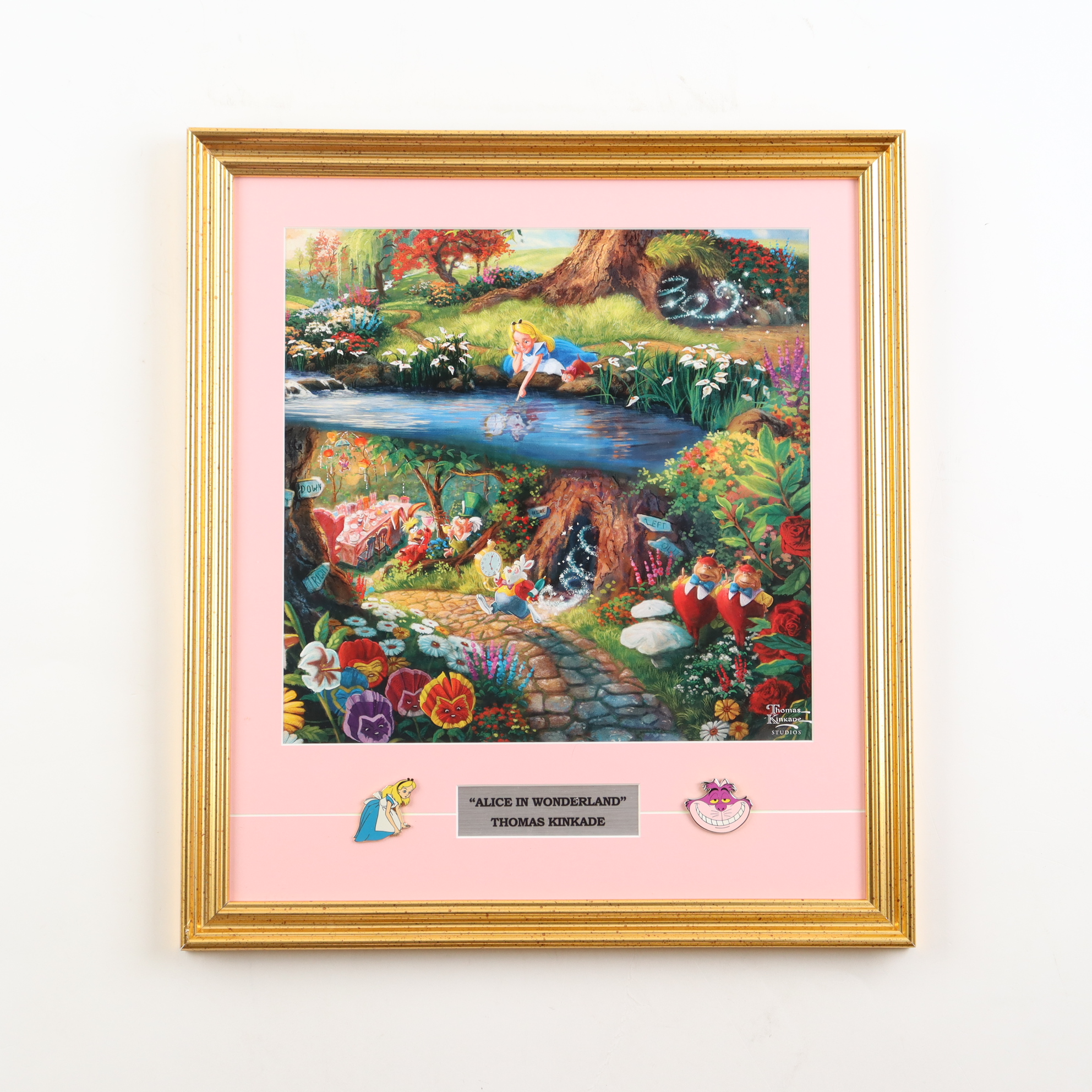 Thomas Kinkade "Alice in Wonderland" Custom Framed Print Display with (2) Disney Movie Pins at PristineAuction.com Thomas Kinkade "Alice in Wonderland" Custom Framed Print Display with (2) Disney Movie Pins at PristineAuction.com