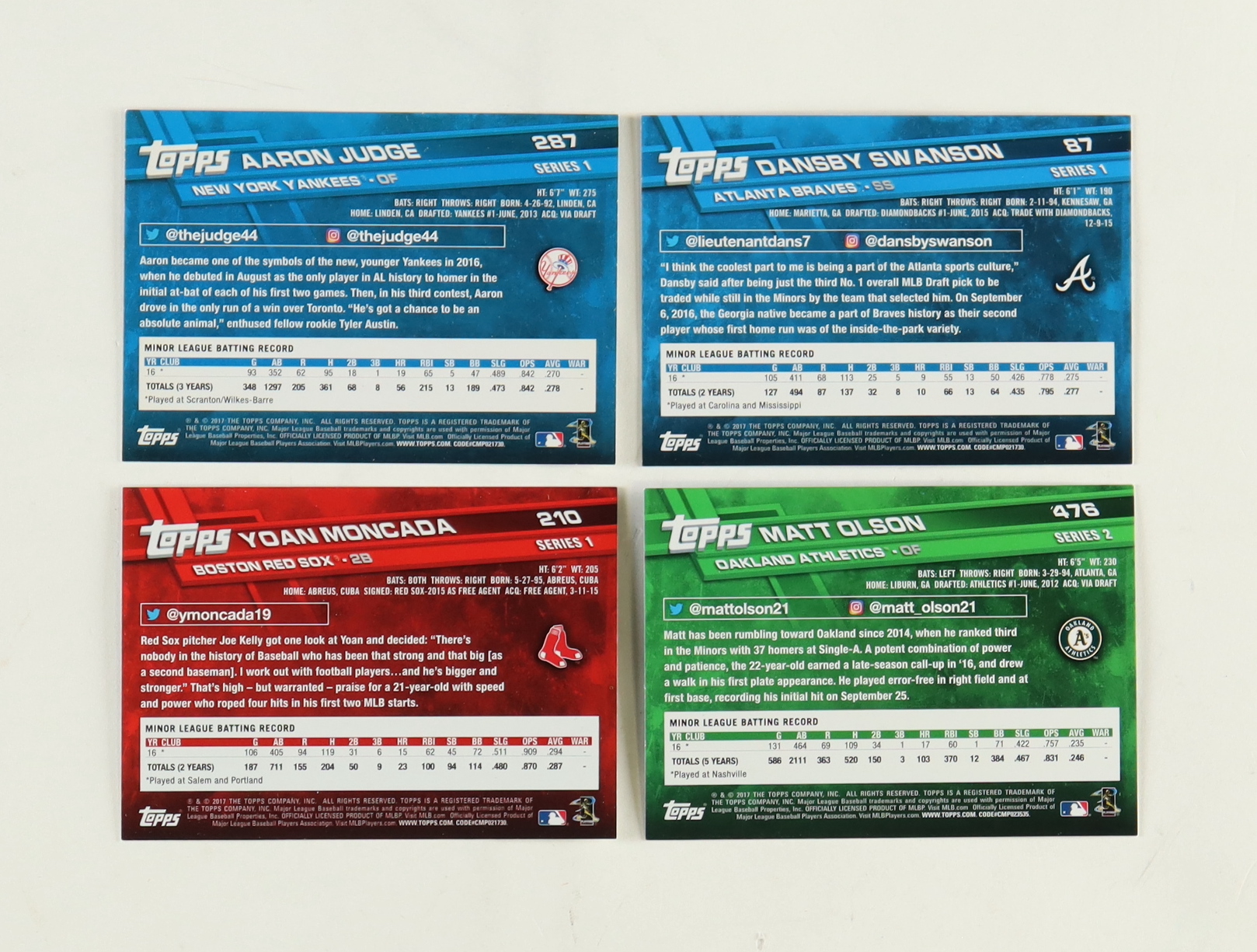 2017 Topps Complete Set of (700) Baseball Cards with Aaron Judge #287 RC, Dansby Swanson #87 RC, Yoan Moncada #210 RC, Matt Olson #476 RC at PristineAuction.com 2017 Topps Complete Set of (700) Baseball Cards with Aaron Judge #287 RC, Dansby Swanson #87 RC, Yoan Moncada #210 RC, Matt Olson #476 RC at PristineAuction.com