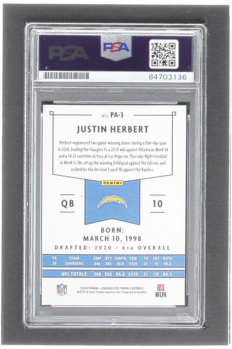 Justin Herbert Signed 2020 Panini #3 RC Inscribed "Bolt Up!" (PSA | Autograph Graded 10) at PristineAuction.com Justin Herbert Signed 2020 Panini #3 RC Inscribed "Bolt Up!" (PSA | Autograph Graded 10) at PristineAuction.com