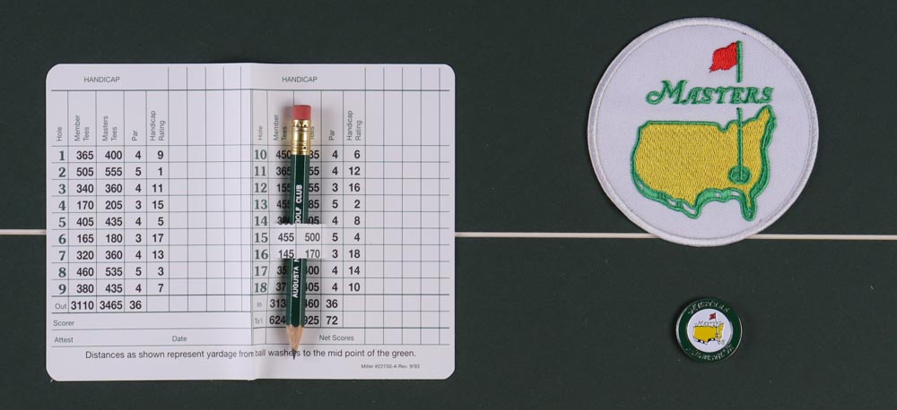 Augusta National Custom Framed Print Display with an Official Masters Augusta Pin, Patch, Pencil & Scorecard at PristineAuction.com Augusta National Custom Framed Print Display with an Official Masters Augusta Pin, Patch, Pencil & Scorecard at PristineAuction.com