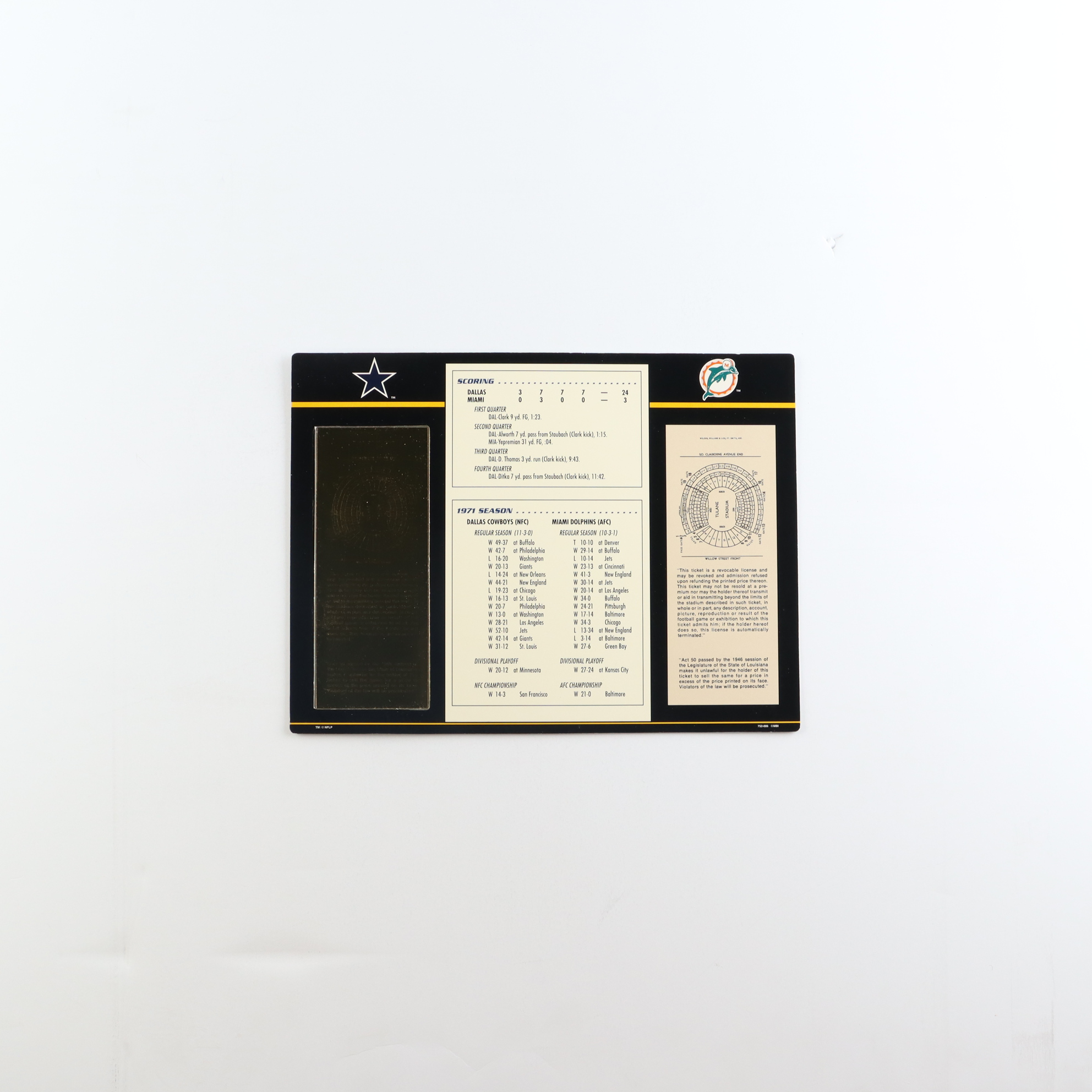 Super Bowl VI Commemorative 9x12 Score Card Display with 23kt Gold Ticket at PristineAuction.com Super Bowl VI Commemorative 9x12 Score Card Display with 23kt Gold Ticket at PristineAuction.com