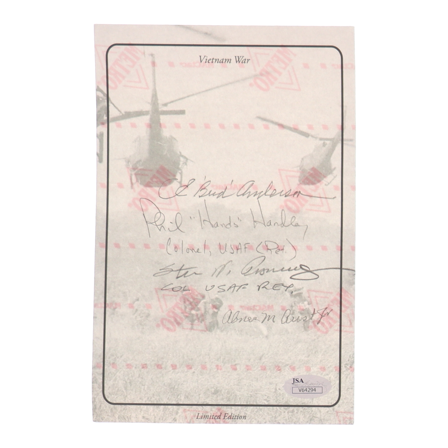 Vietnam War Cut Signed by (4) with Bud Anderson, Phil Haudley, Steve Pisanos & Abner Aust with Military Rank Inscriptions (JSA) at PristineAuction.com Vietnam War Cut Signed by (4) with Bud Anderson, Phil Haudley, Steve Pisanos & Abner Aust with Military Rank Inscriptions (JSA) at PristineAuction.com