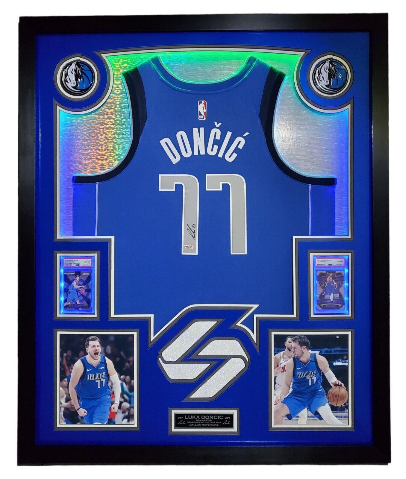 Luka Doncic Signed 33x42 Custom Framed Jersey Display (Fanatics) at PristineAuction.com Luka Doncic Signed 33x42 Custom Framed Jersey Display (Fanatics) at PristineAuction.com