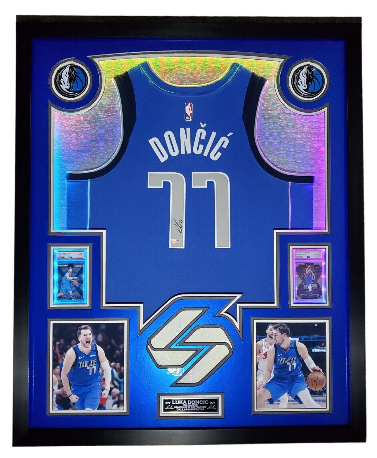 Luka Doncic Signed 33x42 Custom Framed Jersey Display (Fanatics) at PristineAuction.com Luka Doncic Signed 33x42 Custom Framed Jersey Display (Fanatics) at PristineAuction.com