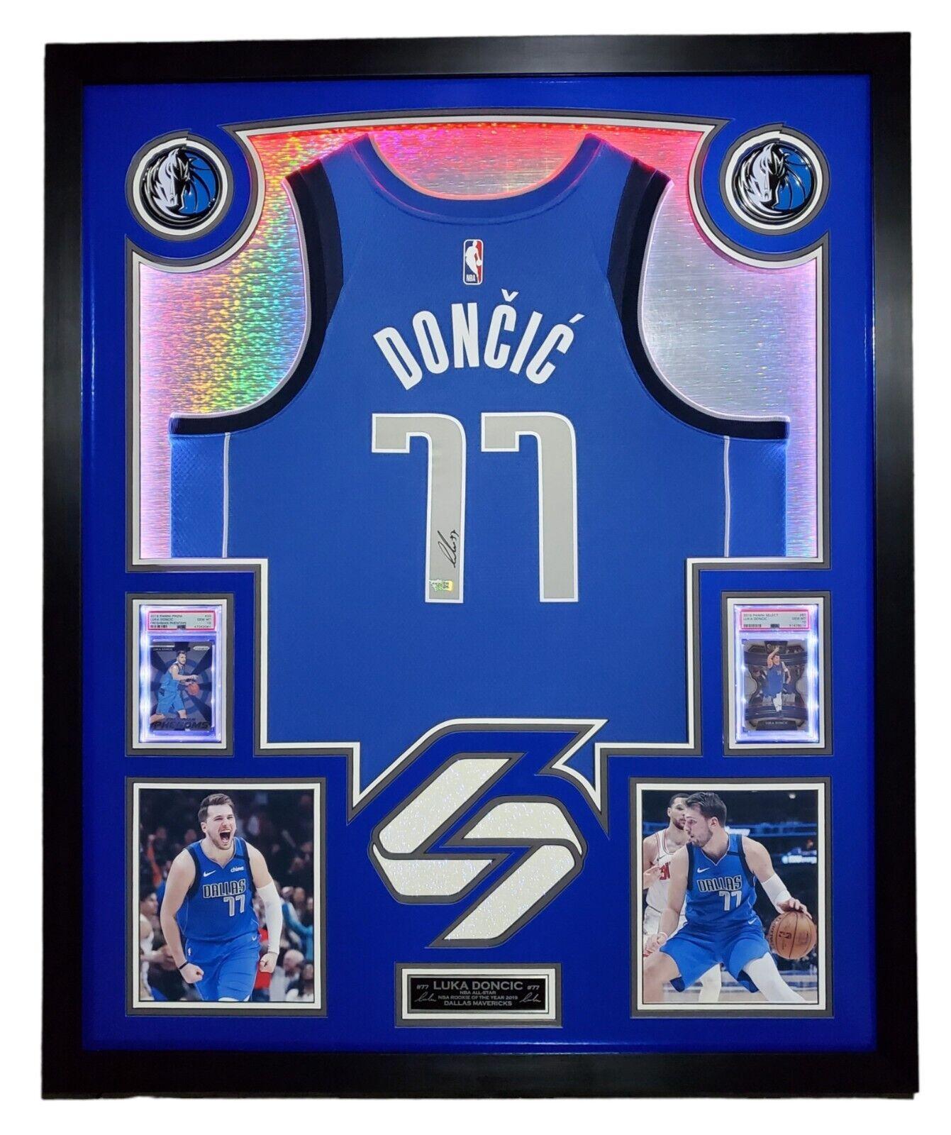 Luka Doncic Signed 33x42 Custom Framed Jersey Display (Fanatics) at PristineAuction.com Luka Doncic Signed 33x42 Custom Framed Jersey Display (Fanatics) at PristineAuction.com
