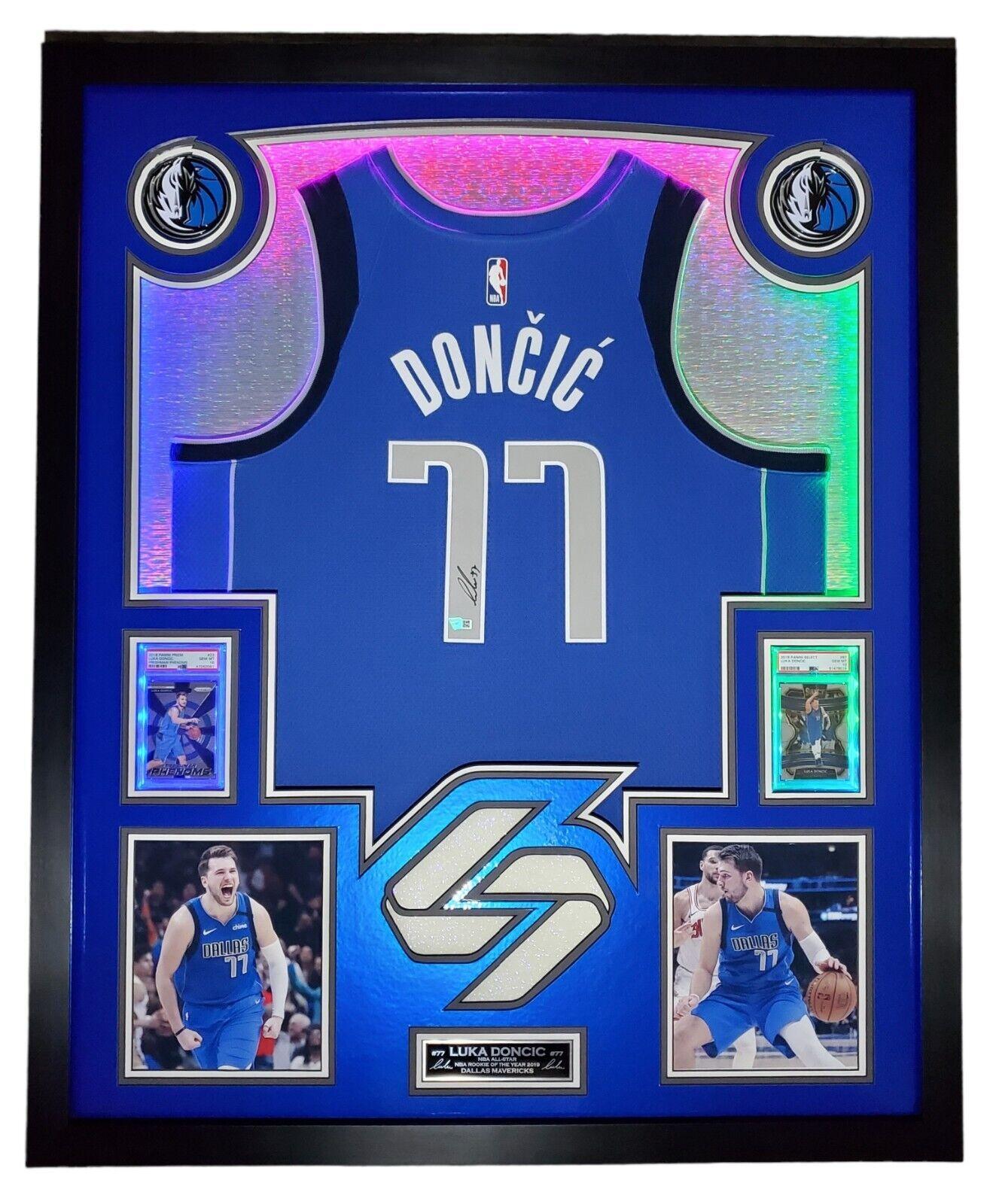 Luka Doncic Signed 33x42 Custom Framed Jersey Display (Fanatics) at PristineAuction.com Luka Doncic Signed 33x42 Custom Framed Jersey Display (Fanatics) at PristineAuction.com