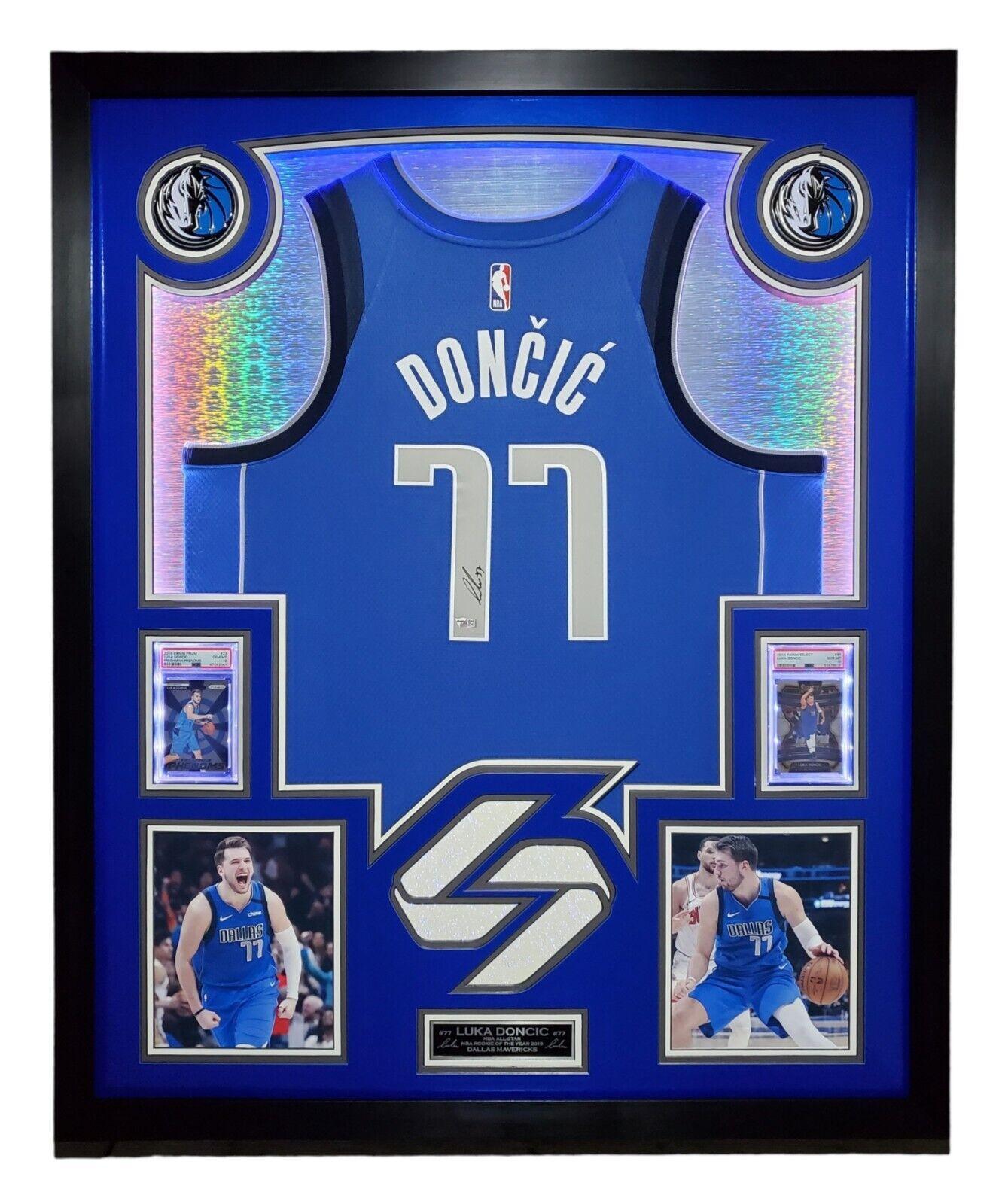 Luka Doncic Signed 33x42 Custom Framed Jersey Display (Fanatics) at PristineAuction.com Luka Doncic Signed 33x42 Custom Framed Jersey Display (Fanatics) at PristineAuction.com