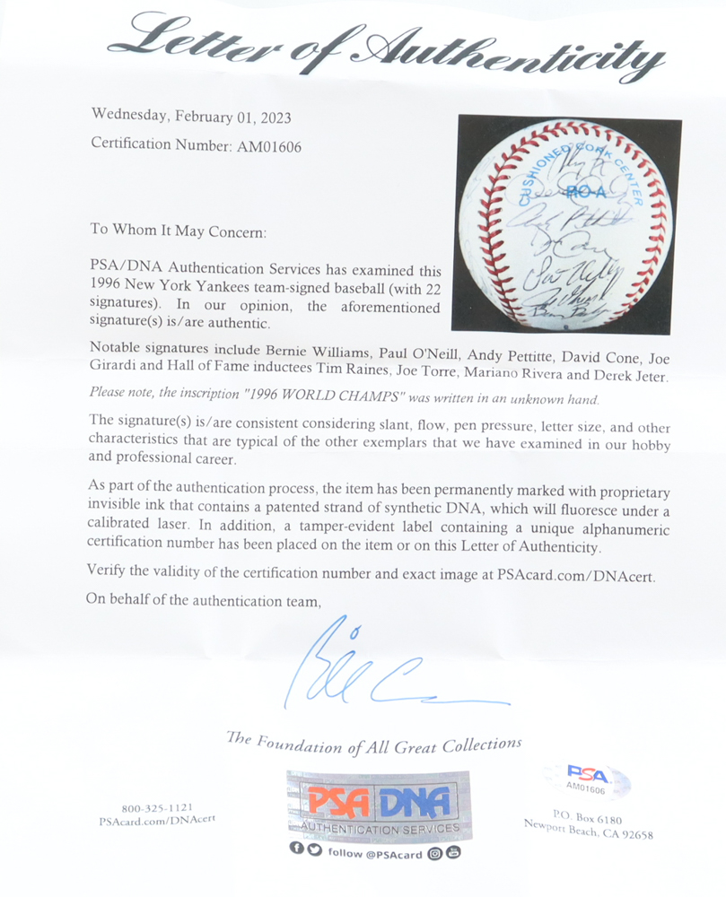1996 Yankees OAL Baseball Signed by (22) with Derek Jeter, Mariano Rivera, Andy Pettitte, Bernie Williams Inscribed "1996 World Champs" with Display Case (PSA) at PristineAuction.com 1996 Yankees OAL Baseball Signed by (22) with Derek Jeter, Mariano Rivera, Andy Pettitte, Bernie Williams Inscribed "1996 World Champs" with Display Case (PSA) at PristineAuction.com