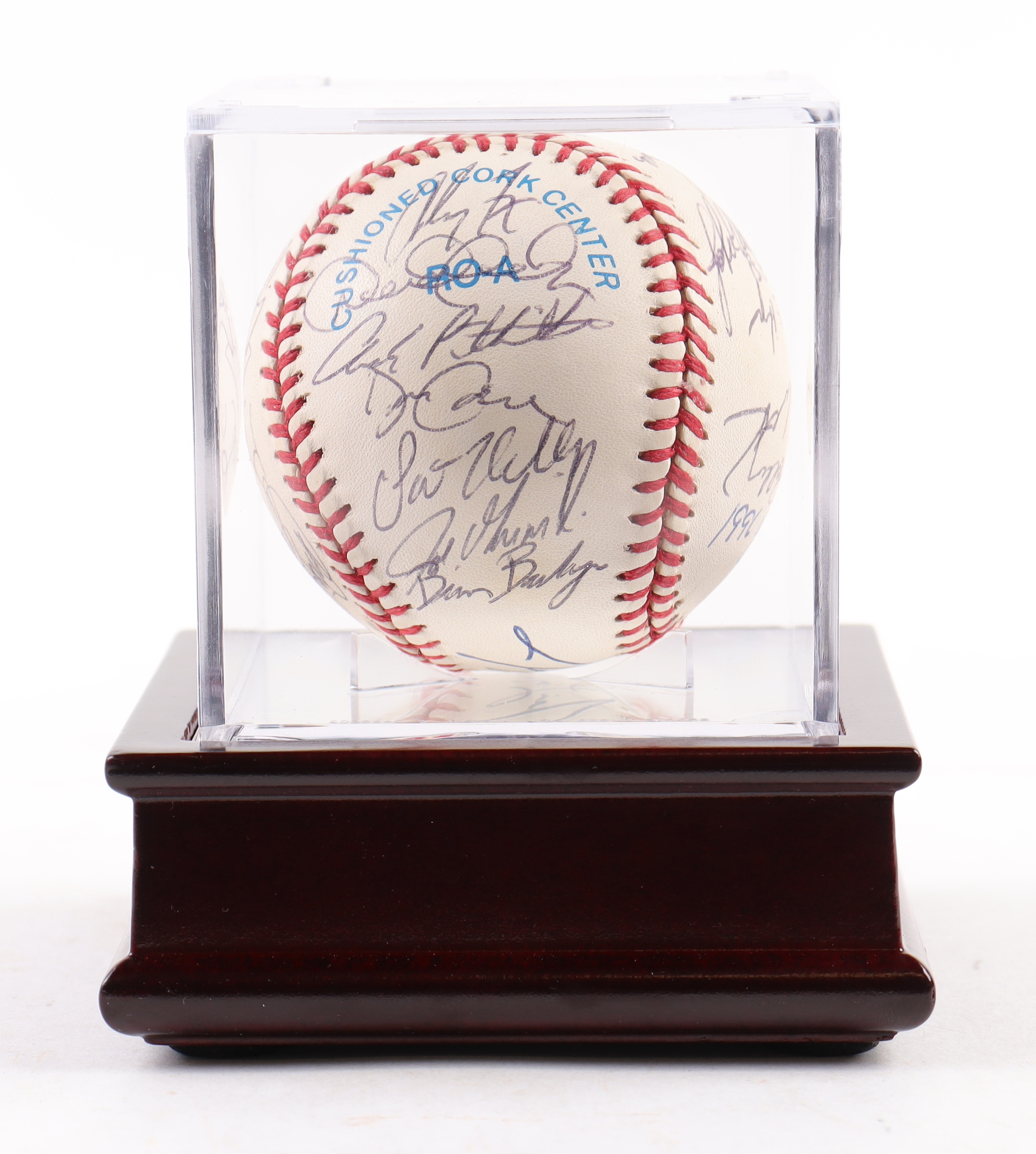 1996 Yankees OAL Baseball Signed by (22) with Derek Jeter, Mariano Rivera, Andy Pettitte, Bernie Williams Inscribed "1996 World Champs" with Display Case (PSA) at PristineAuction.com 1996 Yankees OAL Baseball Signed by (22) with Derek Jeter, Mariano Rivera, Andy Pettitte, Bernie Williams Inscribed "1996 World Champs" with Display Case (PSA) at PristineAuction.com