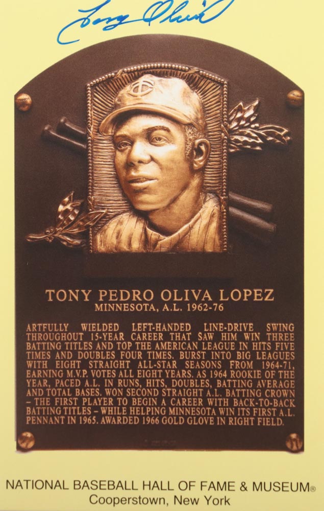 Tony Oliva Signed Gold Hall of Fame Plaque Postcard (Beckett Hologram) at PristineAuction.com Tony Oliva Signed Gold Hall of Fame Plaque Postcard (Beckett Hologram) at PristineAuction.com