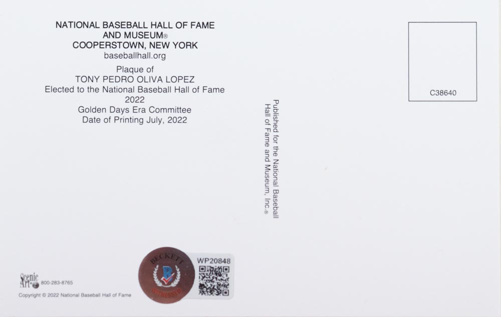 Tony Oliva Signed Gold Hall of Fame Plaque Postcard (Beckett Hologram) at PristineAuction.com Tony Oliva Signed Gold Hall of Fame Plaque Postcard (Beckett Hologram) at PristineAuction.com