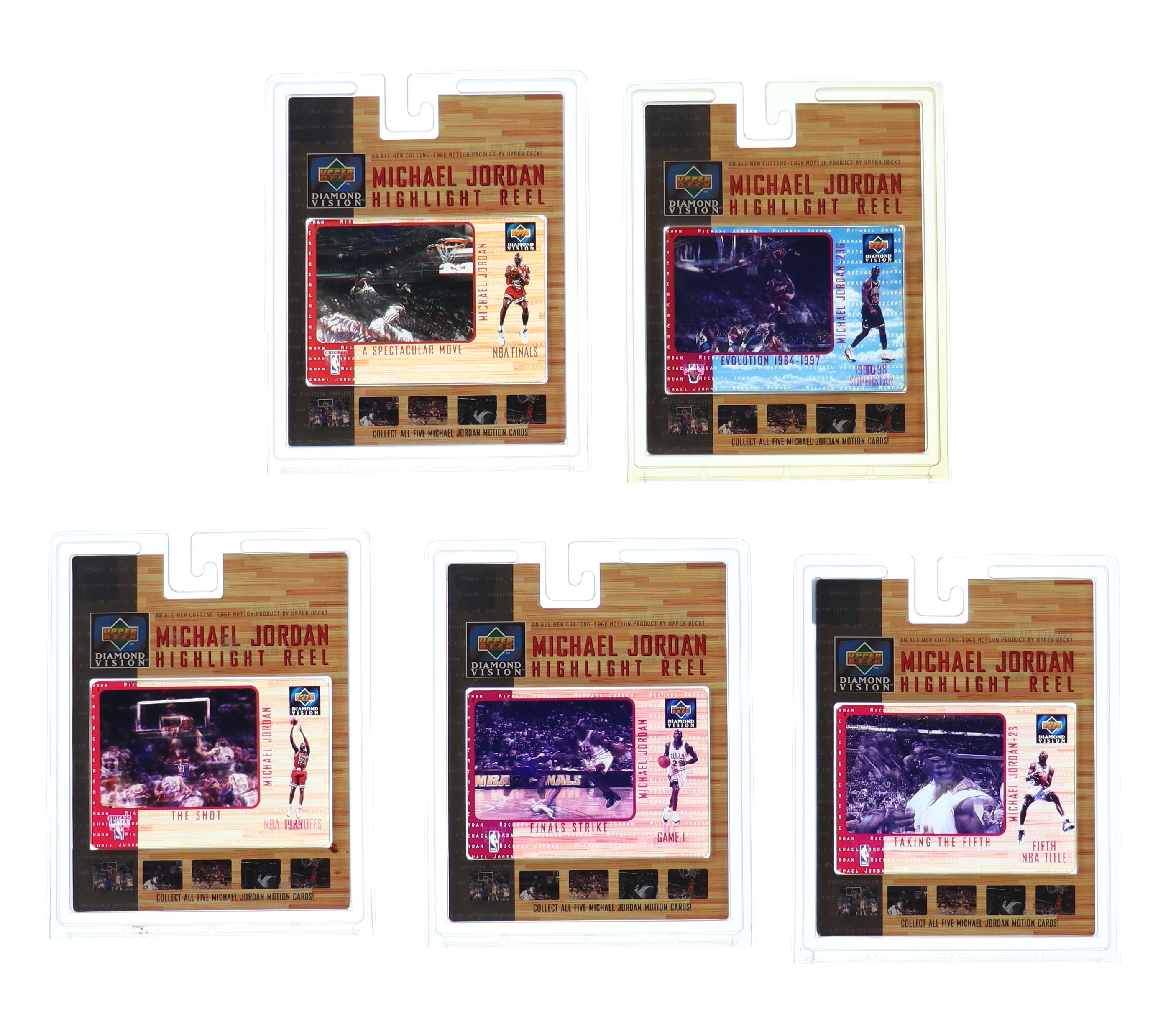 1997 Upper Deck Michael Jordan Highlight Reel Box Complete Set of (5) Cards at PristineAuction.com 1997 Upper Deck Michael Jordan Highlight Reel Box Complete Set of (5) Cards at PristineAuction.com