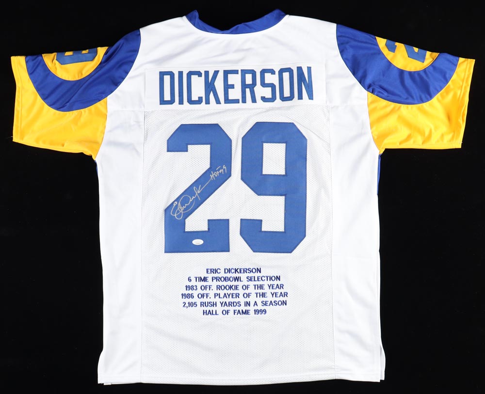 Eric Dickerson Signed Rams Career Highlight Stat Jersey Inscribed "HOF 99" (JSA) at PristineAuction.com Eric Dickerson Signed Rams Career Highlight Stat Jersey Inscribed "HOF 99" (JSA) at PristineAuction.com