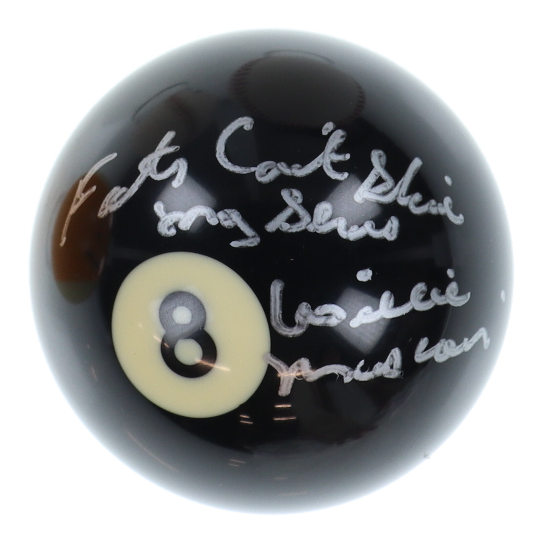 Willie Mosconi Signed #8 Billiard Ball Inscribed "Fats Can't Shine my Shoes" (Beckett) at PristineAuction.com Willie Mosconi Signed #8 Billiard Ball Inscribed "Fats Can't Shine my Shoes" (Beckett) at PristineAuction.com