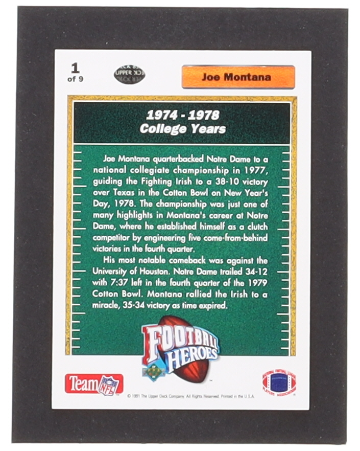 Joe Montana 1991 Upper Deck Football Heroes Complete Set of (9) Cards at PristineAuction.com Joe Montana 1991 Upper Deck Football Heroes Complete Set of (9) Cards at PristineAuction.com