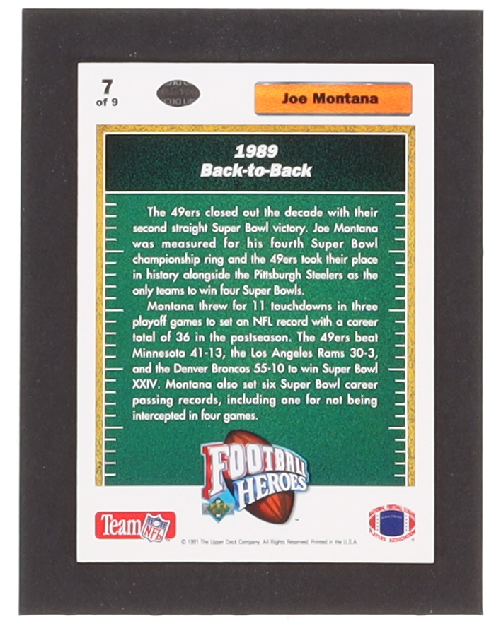 Joe Montana 1991 Upper Deck Football Heroes Complete Set of (9) Cards at PristineAuction.com Joe Montana 1991 Upper Deck Football Heroes Complete Set of (9) Cards at PristineAuction.com