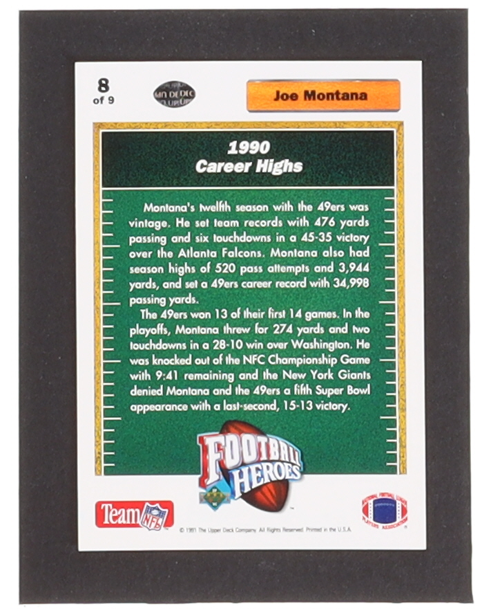 Joe Montana 1991 Upper Deck Football Heroes Complete Set of (9) Cards at PristineAuction.com Joe Montana 1991 Upper Deck Football Heroes Complete Set of (9) Cards at PristineAuction.com