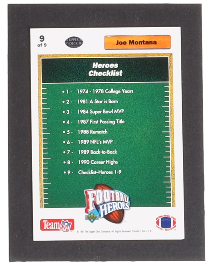 Joe Montana 1991 Upper Deck Football Heroes Complete Set of (9) Cards at PristineAuction.com Joe Montana 1991 Upper Deck Football Heroes Complete Set of (9) Cards at PristineAuction.com