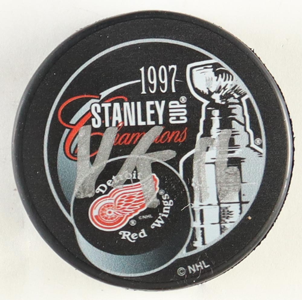 Vladimir Konstantinov Signed 1997 Stanley Cup Champions Red Wings Logo Hockey Puck (JSA) at PristineAuction.com Vladimir Konstantinov Signed 1997 Stanley Cup Champions Red Wings Logo Hockey Puck (JSA) at PristineAuction.com