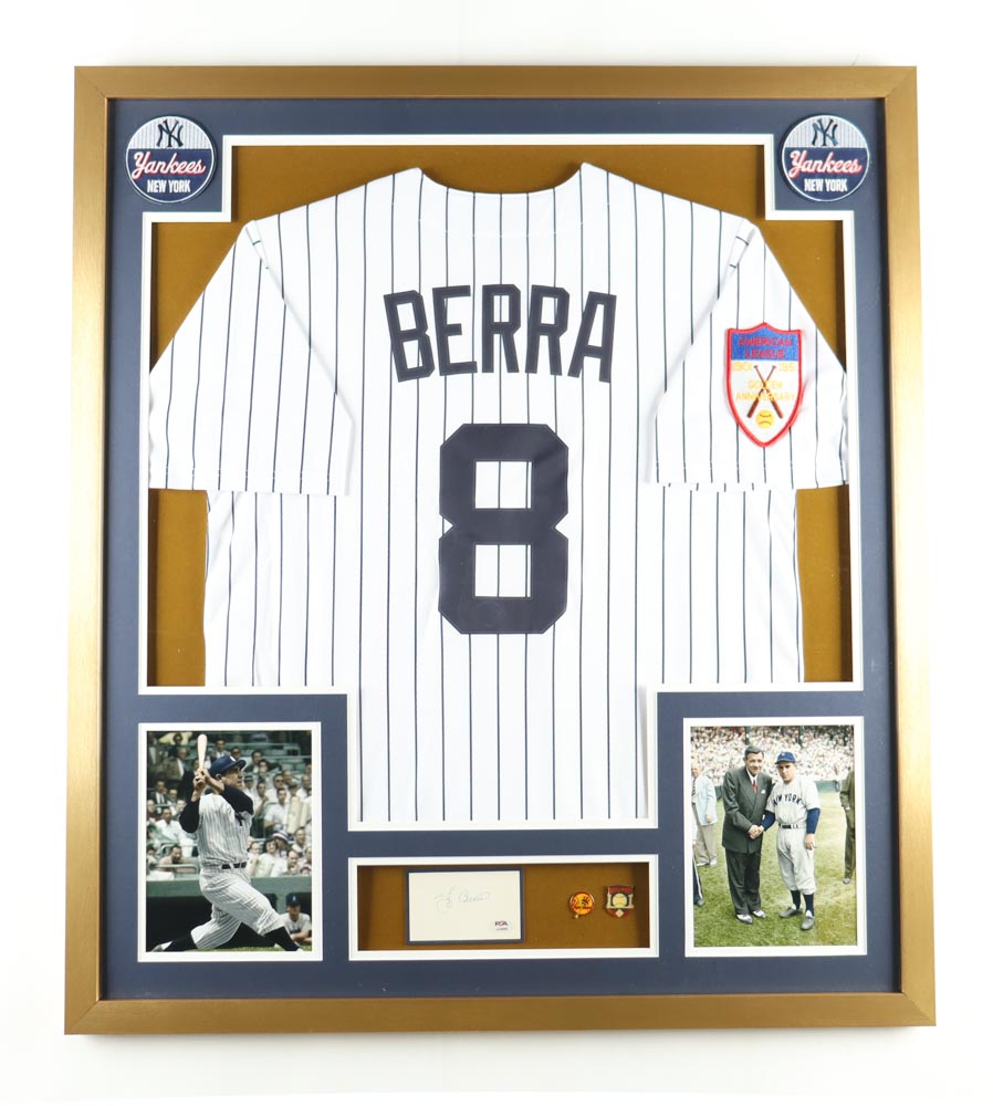 Yogi Berra Signed Yankees Custom Framed Cut Display with Jersey & Hall of Fame Pin (PSA) at PristineAuction.com Yogi Berra Signed Yankees Custom Framed Cut Display with Jersey & Hall of Fame Pin (PSA) at PristineAuction.com