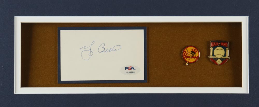 Yogi Berra Signed Yankees Custom Framed Cut Display with Jersey & Hall of Fame Pin (PSA) at PristineAuction.com Yogi Berra Signed Yankees Custom Framed Cut Display with Jersey & Hall of Fame Pin (PSA) at PristineAuction.com
