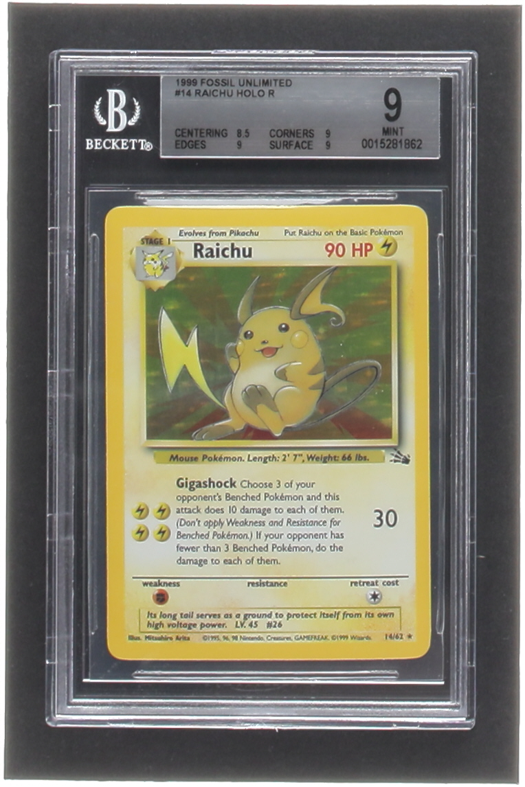 Raichu 1999 Pokemon Fossil Unlimited #14 Holo (BGS 9) at PristineAuction.com Raichu 1999 Pokemon Fossil Unlimited #14 Holo (BGS 9) at PristineAuction.com