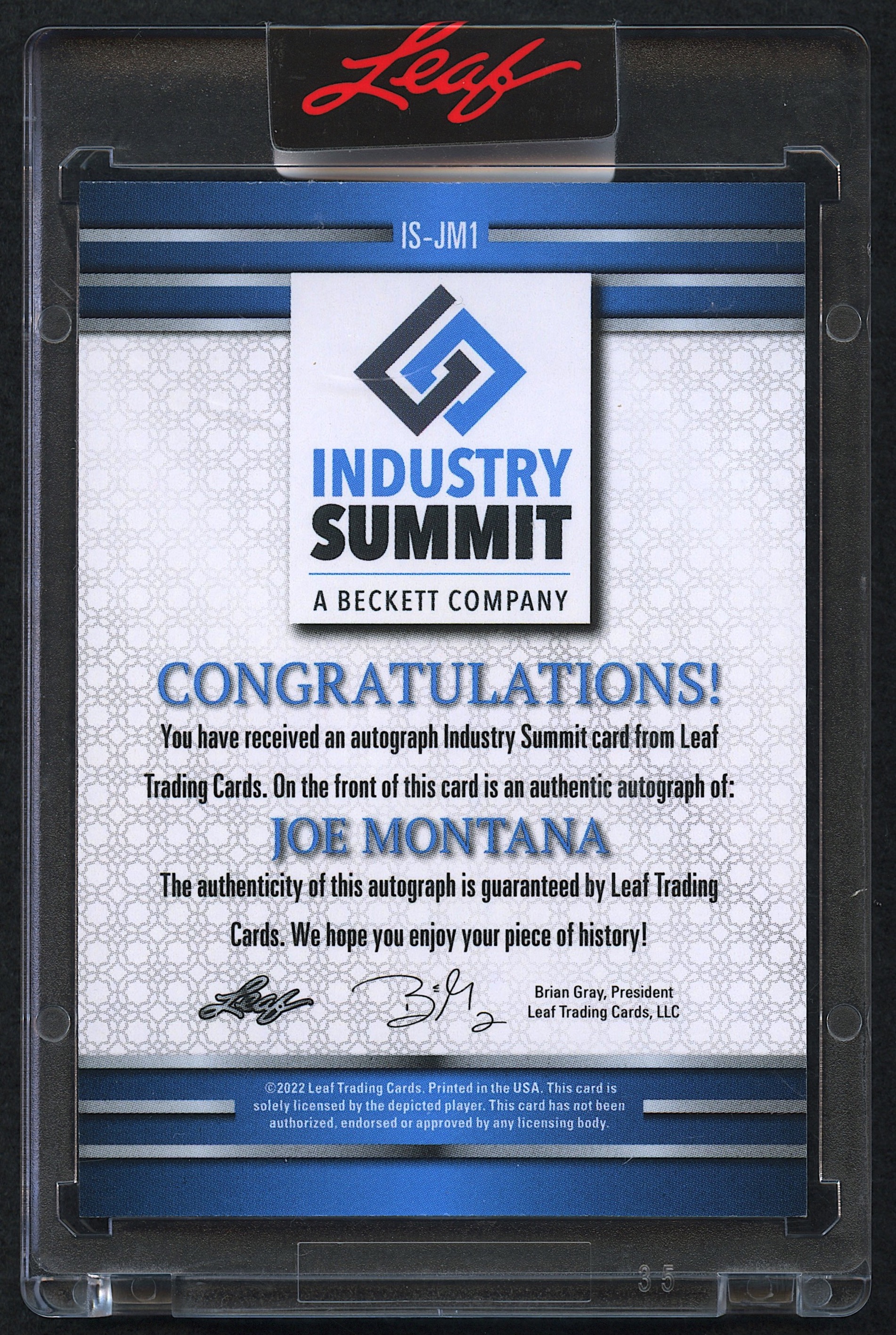 Joe Montana 2022 Leaf Industry Summit Autograph Silver (Leaf Encapsulated) at PristineAuction.com Joe Montana 2022 Leaf Industry Summit Autograph Silver (Leaf Encapsulated) at PristineAuction.com