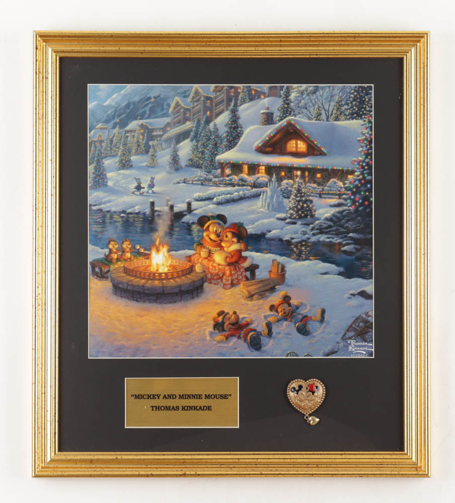 Thomas Kinkade "Mickey & Minnie At The Campfire" Custom Framed Print Display With Character Pin at PristineAuction.com Thomas Kinkade "Mickey & Minnie At The Campfire" Custom Framed Print Display With Character Pin at PristineAuction.com