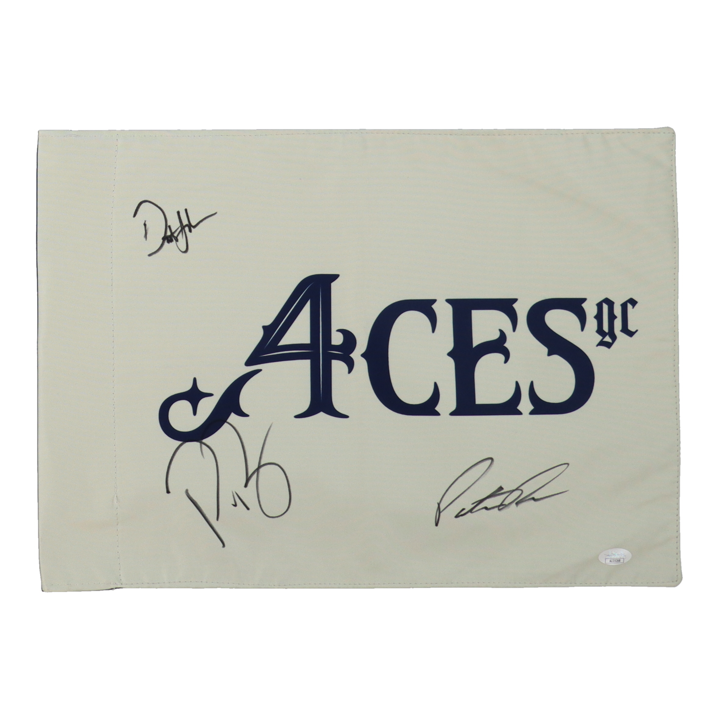 Team Signed 4Aces Golf Pin Flag With Dustin Johnson, Pat Perez, and Patrick Reed (JSA) at PristineAuction.com Team Signed 4Aces Golf Pin Flag With Dustin Johnson, Pat Perez, and Patrick Reed (JSA) at PristineAuction.com