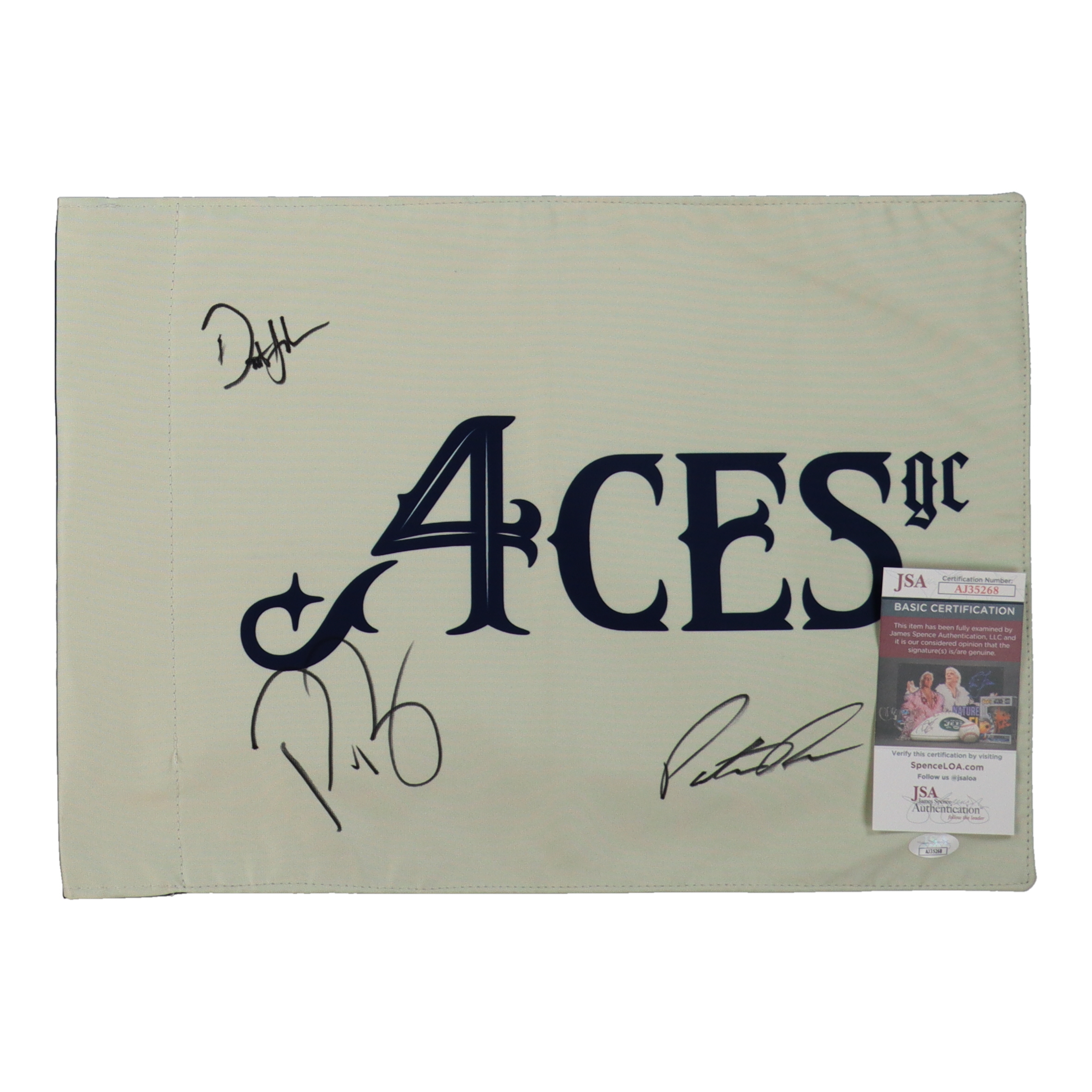 Team Signed 4Aces Golf Pin Flag With Dustin Johnson, Pat Perez, and Patrick Reed (JSA) at PristineAuction.com Team Signed 4Aces Golf Pin Flag With Dustin Johnson, Pat Perez, and Patrick Reed (JSA) at PristineAuction.com