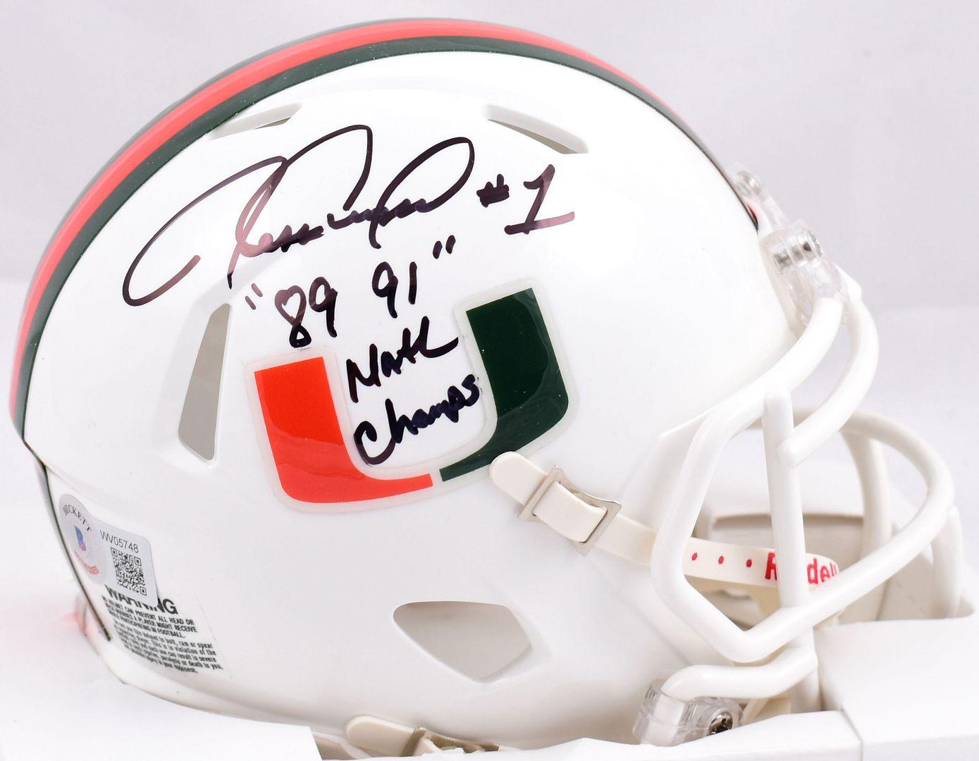 Jessie Armstead Signed Miami Hurricanes Speed Mini Helmet Inscribed "89 91 Natl Champs" (Beckett) at PristineAuction.com Jessie Armstead Signed Miami Hurricanes Speed Mini Helmet Inscribed "89 91 Natl Champs" (Beckett) at PristineAuction.com