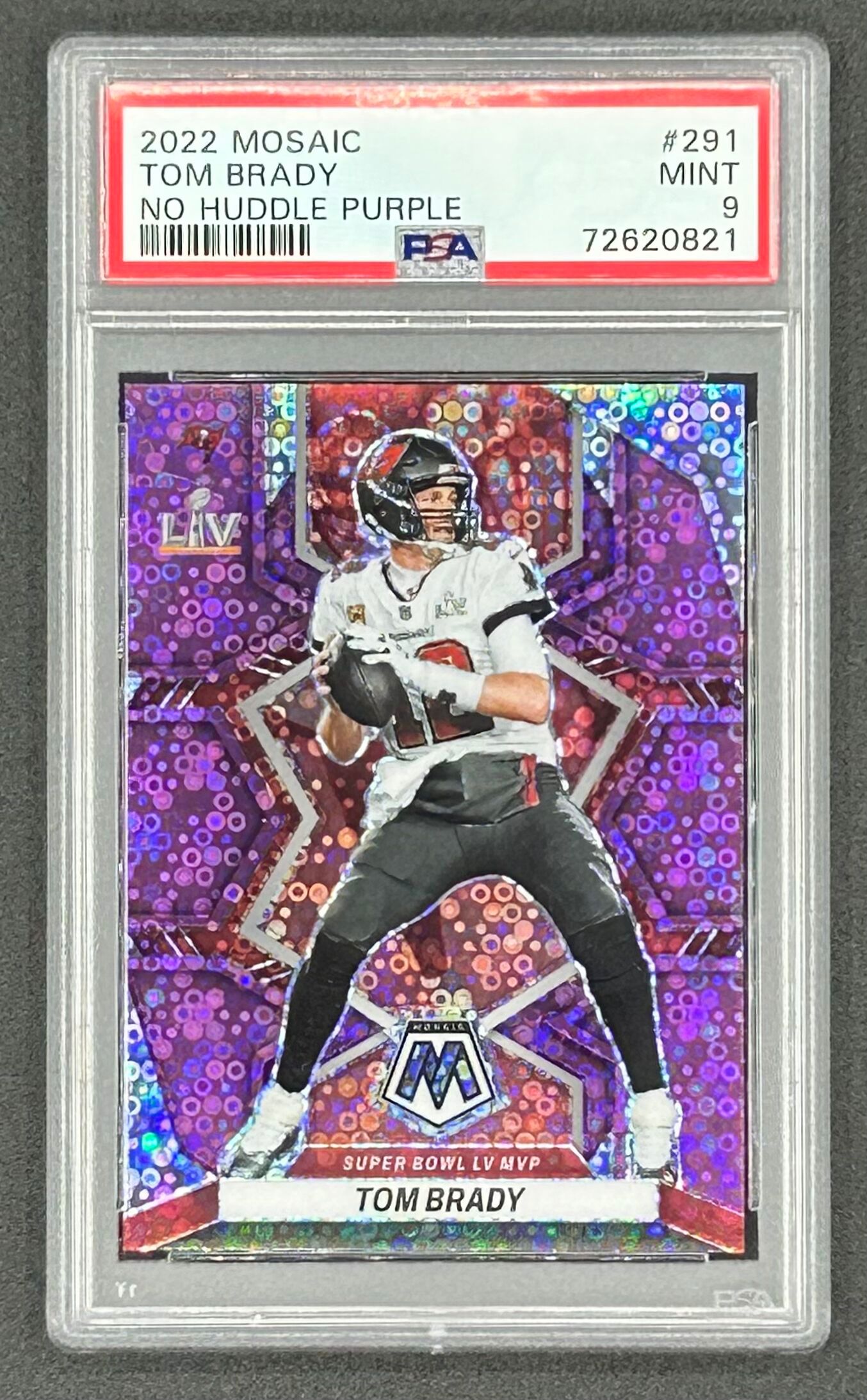 Tom Brady 2022 Panini Mosaic Mosaic No Huddle Purple #291 MVP #08/50 (PSA 9) at PristineAuction.com Tom Brady 2022 Panini Mosaic Mosaic No Huddle Purple #291 MVP #08/50 (PSA 9) at PristineAuction.com