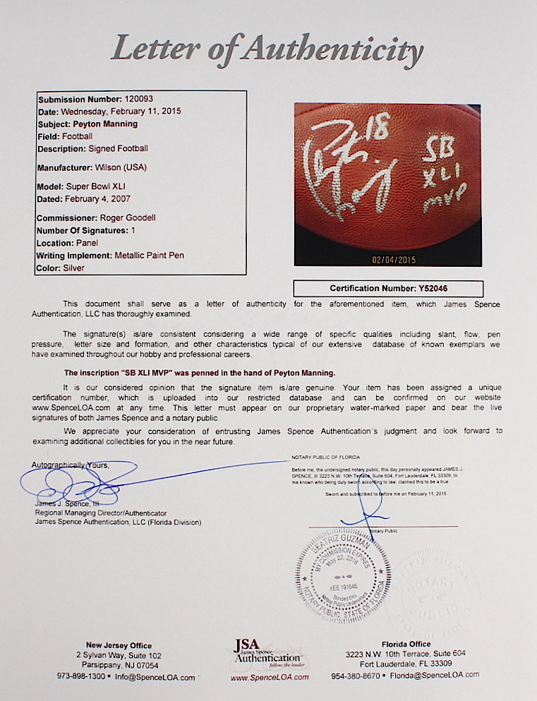 Peyton Manning Signed Official Superbowl XLI Game Ball Inscribed "SB XLI MVP" (JSA LOA) at PristineAuction.com Peyton Manning Signed Official Superbowl XLI Game Ball Inscribed "SB XLI MVP" (JSA LOA) at PristineAuction.com
