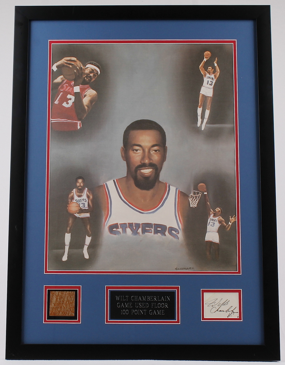 Wilt Chamberlain Sixers Signed 22" x 30" Custom Framed Display with Game-Used Floor from 100 Point Game (JSA ALOA) at PristineAuction.com Wilt Chamberlain Sixers Signed 22" x 30" Custom Framed Display with Game-Used Floor from 100 Point Game (JSA ALOA) at PristineAuction.com