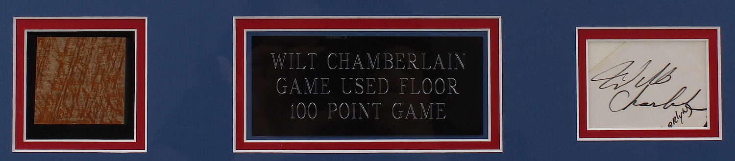 Wilt Chamberlain Sixers Signed 22" x 30" Custom Framed Display with Game-Used Floor from 100 Point Game (JSA ALOA) at PristineAuction.com Wilt Chamberlain Sixers Signed 22" x 30" Custom Framed Display with Game-Used Floor from 100 Point Game (JSA ALOA) at PristineAuction.com
