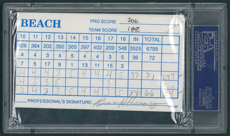 Phil Mickelson & Brian Henninger Signed Pebble Beach Scorecard (PSA Encapsulated) at PristineAuction.com Phil Mickelson & Brian Henninger Signed Pebble Beach Scorecard (PSA Encapsulated) at PristineAuction.com