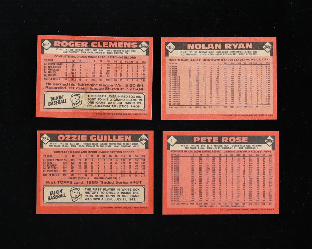 1986 Topps Baseball Complete Set of (792) Cards with Roger Clemens #661, Pete Rose #1, Nolan Ryan #100, Ozzie Guillen #254 RC at PristineAuction.com 1986 Topps Baseball Complete Set of (792) Cards with Roger Clemens #661, Pete Rose #1, Nolan Ryan #100, Ozzie Guillen #254 RC at PristineAuction.com