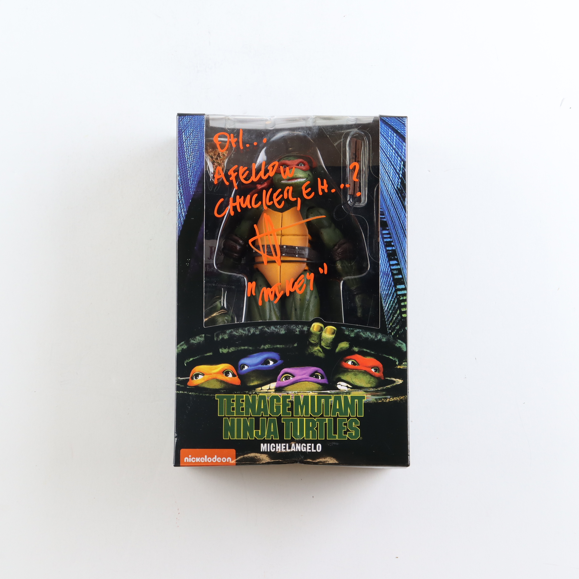 Robbie Rist Signed "Teenage Mutant Ninja Turtles" - Michelangelo - NECA Action Figure Inscribed "Mikey" & "Oh... A Fellow Chicken, Eh...?" (JSA) at PristineAuction.com Robbie Rist Signed "Teenage Mutant Ninja Turtles" - Michelangelo - NECA Action Figure Inscribed "Mikey" & "Oh... A Fellow Chicken, Eh...?" (JSA) at PristineAuction.com