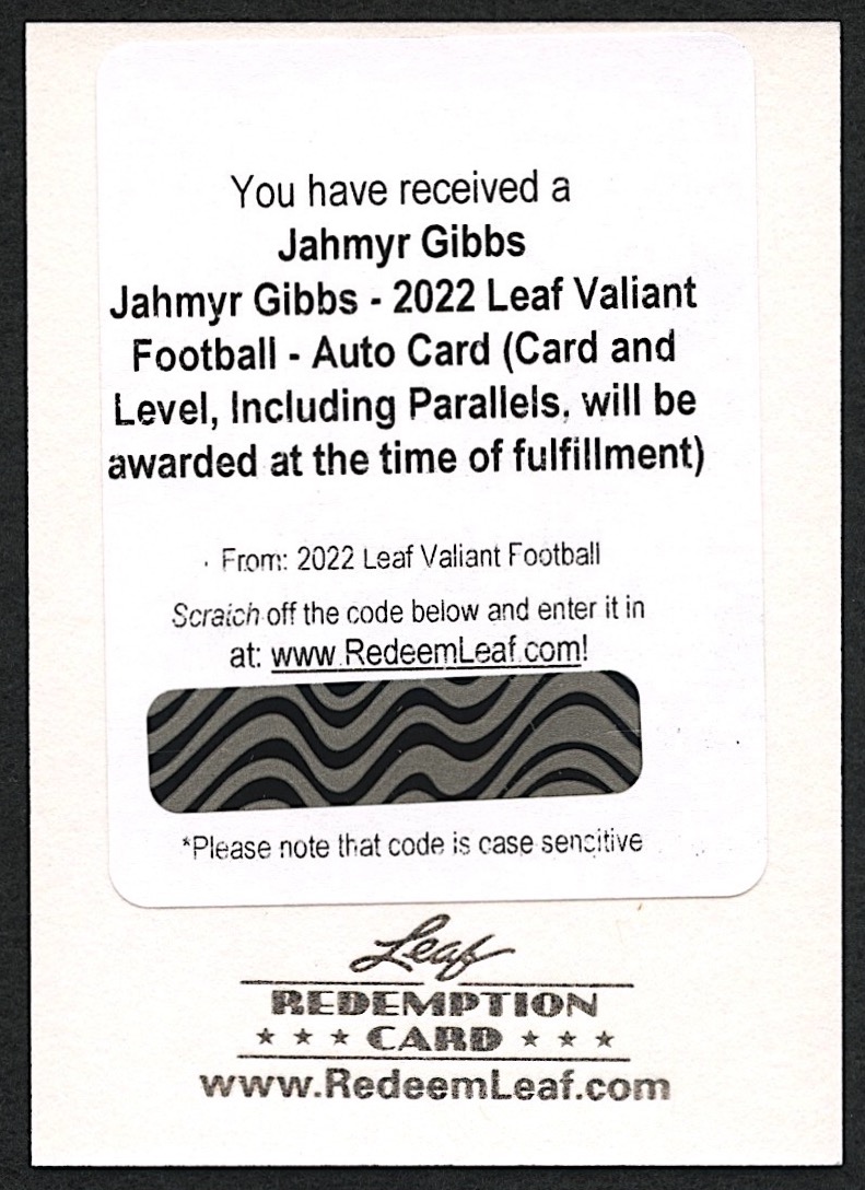 Jahmyr Gibbs 2022 Leaf Valiant Football Autograph Redemption at PristineAuction.com Jahmyr Gibbs 2022 Leaf Valiant Football Autograph Redemption at PristineAuction.com