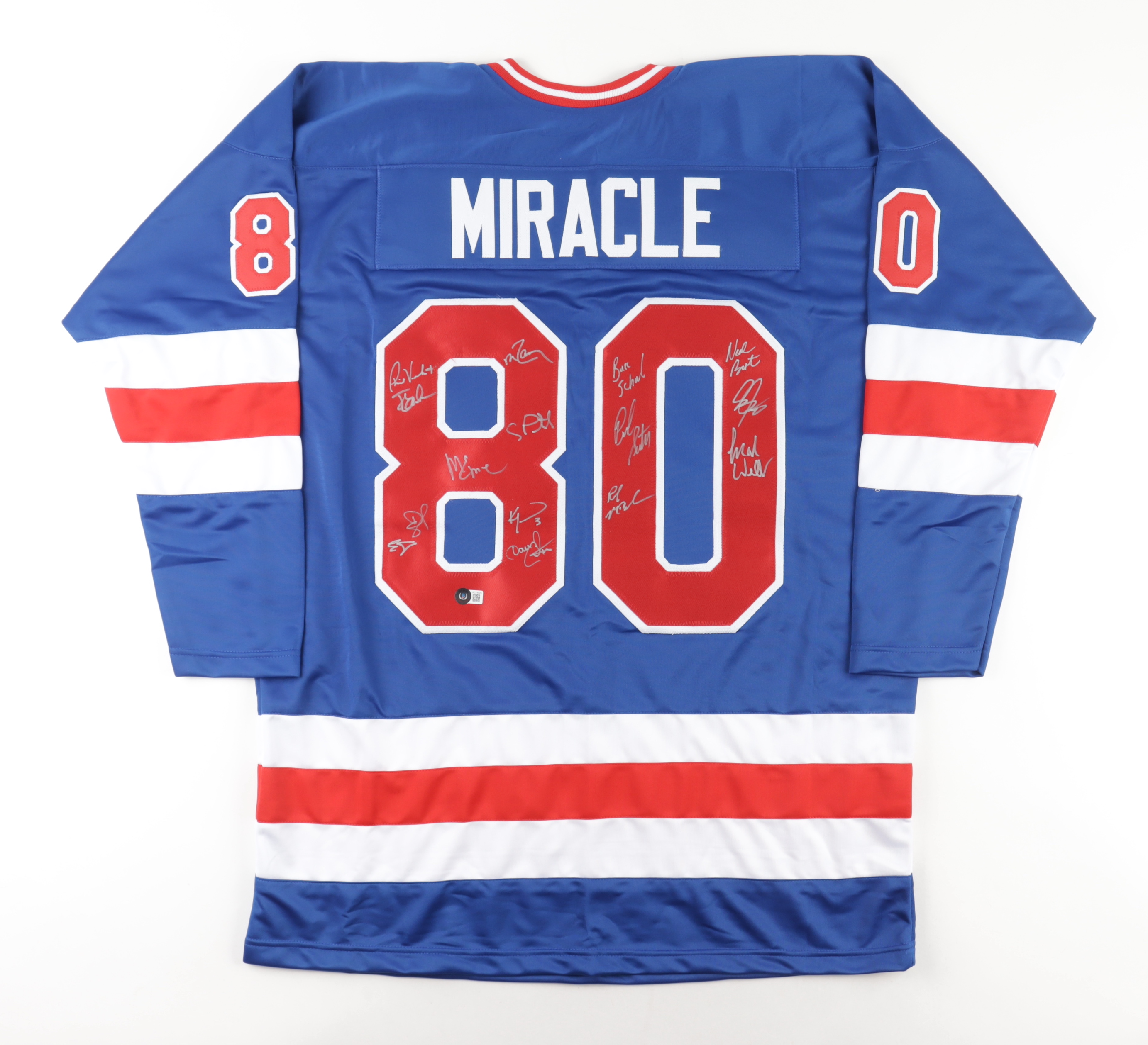 1980 USA Hockey Jersey Team-Signed by (15) with Neal Broten, Rob McClanahan, Mike Eruzione, Ken Morrow, Jack O'Callahan (Beckett) at PristineAuction.com 1980 USA Hockey Jersey Team-Signed by (15) with Neal Broten, Rob McClanahan, Mike Eruzione, Ken Morrow, Jack O'Callahan (Beckett) at PristineAuction.com