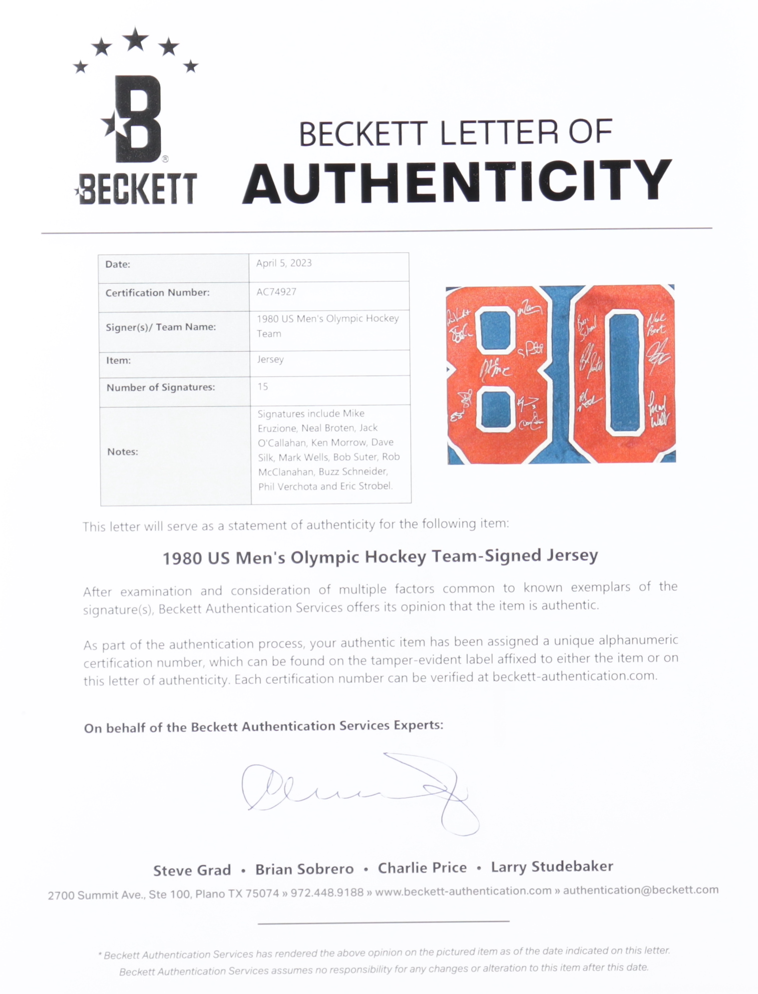 1980 USA Hockey Jersey Team-Signed by (15) with Neal Broten, Rob McClanahan, Mike Eruzione, Ken Morrow, Jack O'Callahan (Beckett) at PristineAuction.com 1980 USA Hockey Jersey Team-Signed by (15) with Neal Broten, Rob McClanahan, Mike Eruzione, Ken Morrow, Jack O'Callahan (Beckett) at PristineAuction.com