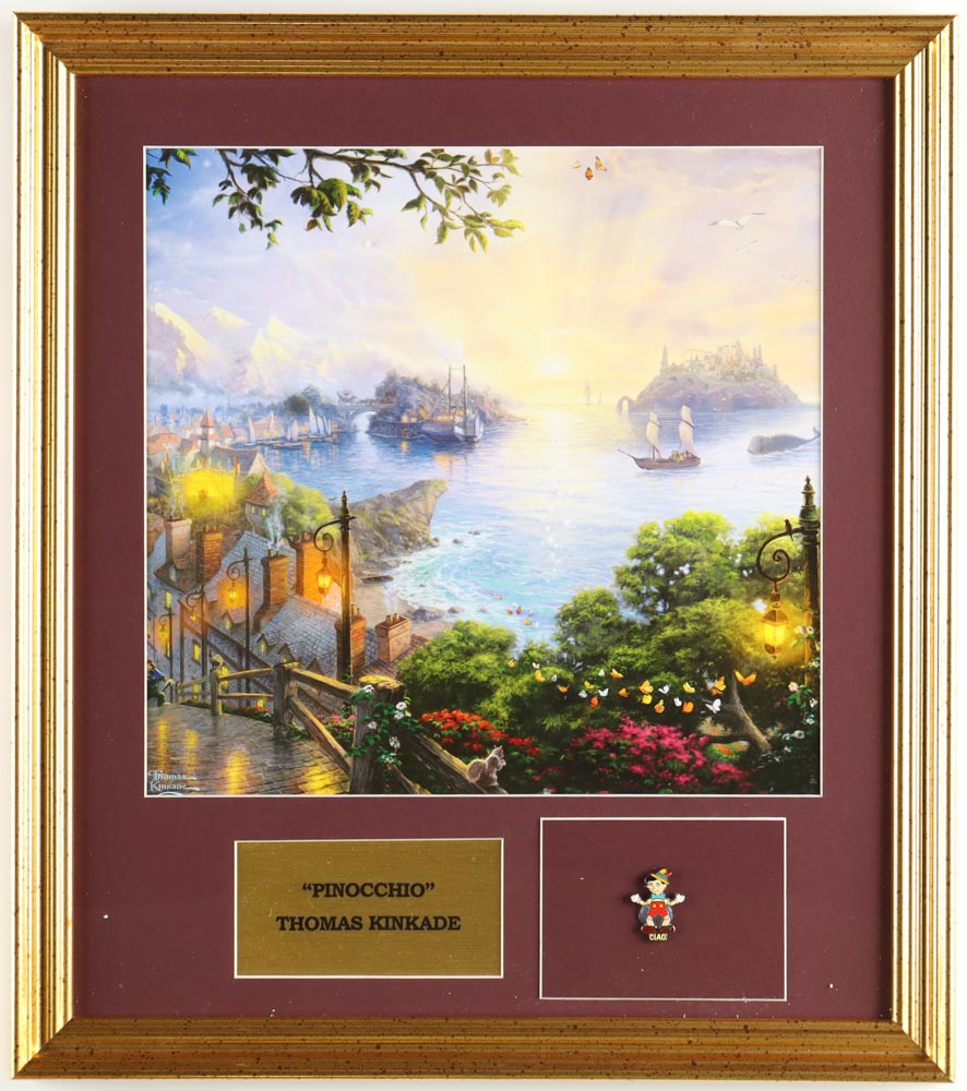 Thomas Kinkade Walt Disney's "Pinocchio" Custom Framed Print Display with Pinocchio Pin at PristineAuction.com Thomas Kinkade Walt Disney's "Pinocchio" Custom Framed Print Display with Pinocchio Pin at PristineAuction.com