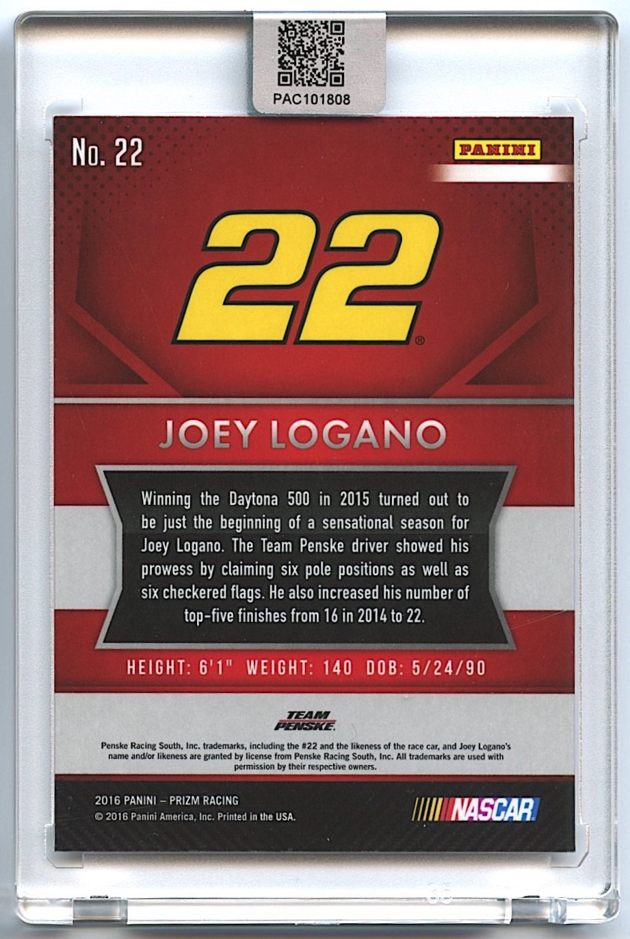 Joey Logano Signed 2016 Panini Prizm #22 (PA Encapsulated) at PristineAuction.com Joey Logano Signed 2016 Panini Prizm #22 (PA Encapsulated) at PristineAuction.com