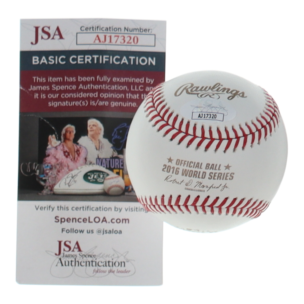 Carl Edwards Jr. Signed 2016 World Series Logo Baseball Inscribed "WS Champs 16" (JSA) at PristineAuction.com Carl Edwards Jr. Signed 2016 World Series Logo Baseball Inscribed "WS Champs 16" (JSA) at PristineAuction.com